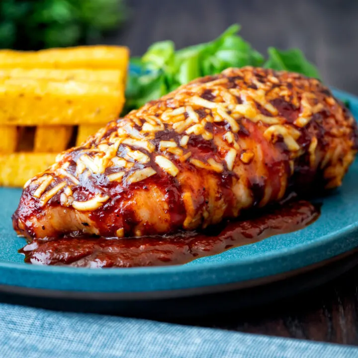 British pub favourite hunters chicken with BBQ sauce, cheddar cheese and bacon with polenta chips.