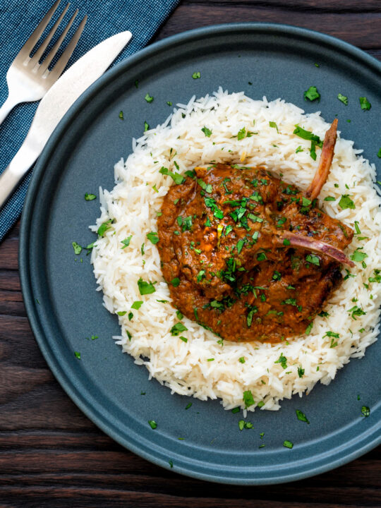 Overhead Indian inspired lamb chop curry served with rice.