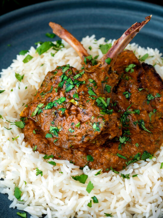 Close up Indian inspired lamb chop curry served with rice.