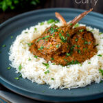 Indian inspired lamb chop curry served with rice and coriander featuring a title overlay.