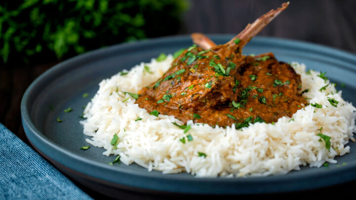 Indian inspired lamb chop curry in a sour masala style sauce served with rice.