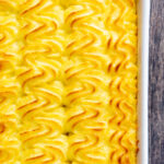 Overhead crispy potato topping of a shepherds pie.