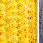 Overhead crispy potato topping of a shepherds pie.