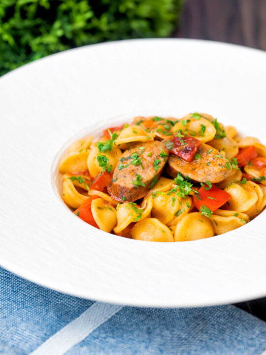 Sausage and pepper orecchiette pasta in a light tomato sauce with fresh parsley.