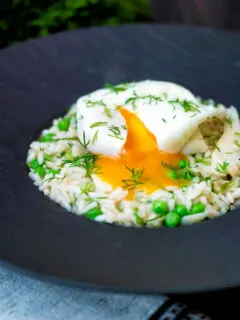 Smoked haddock risotto with peas topped with a poached egg and fresh dill.
