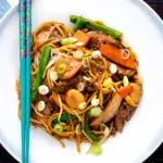 Overhead homemade Chinese beef chow mein fakeaway.