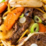 Close up homemade Chinese beef chow mein fakeaway.