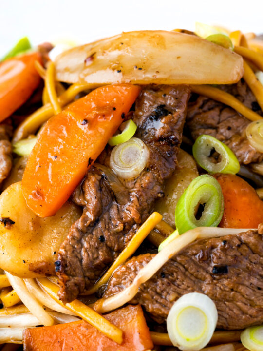 Close up homemade Chinese beef chow mein fakeaway.