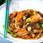 Homemade Chinese beef chow mein fakeaway featuring a title overlay.