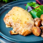 Grilled chicken parmo cheese topped breaded chicken escalope served with fried potatoes featuring a title overlay.