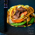 Hoisin duck chow mein stir fry with noodles, carrots and sugar snap peas featuring a title overlay.