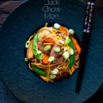 Overhead hoisin duck chow mein stir fry with noodles, carrots and sugar snap peas featuring a title overlay.