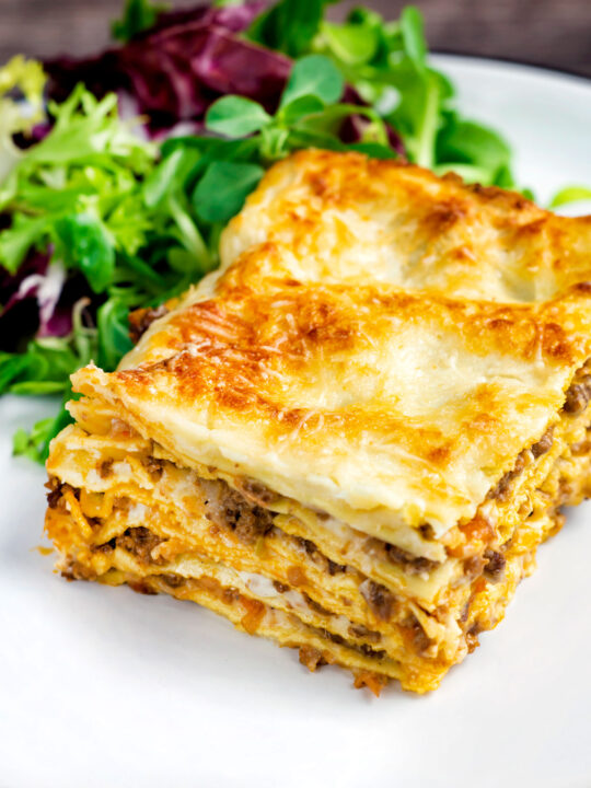 Classic Lasagna bolognese, baked to perfection served with a side salad.