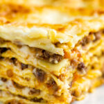 Close up Lasagna bolognese, baked to perfection.