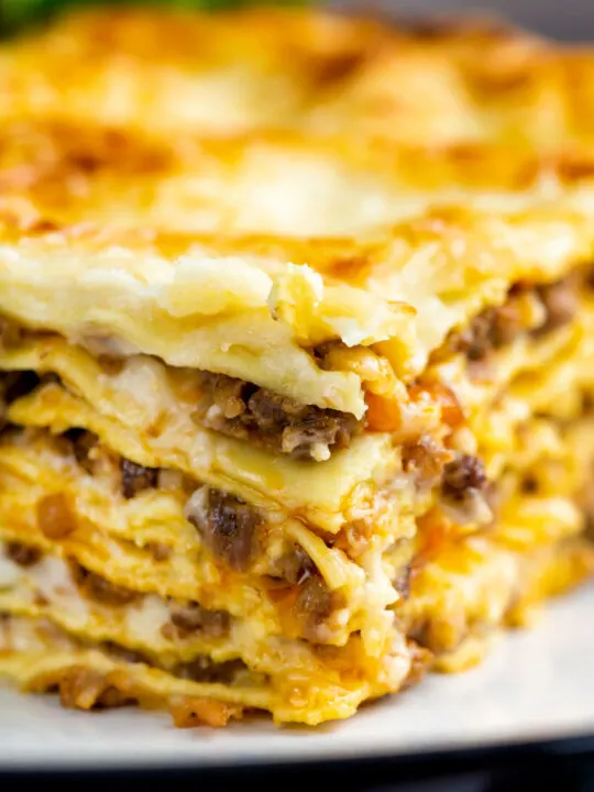 Close up Lasagna bolognese, baked to perfection.