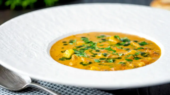 Anglo Indian chicken mulligatawny soup with coconut milk.