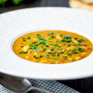 Anglo Indian chicken mulligatawny soup with coconut milk.