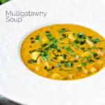 Chicken mulligatawny soup with coconut milk featuring a title overlay.