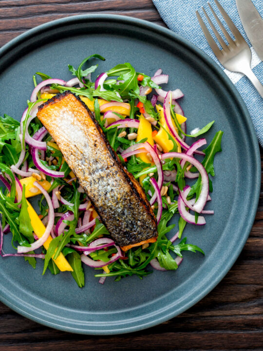 Overhead pan fried jerk salmon fillet served with mango and rocket salad.