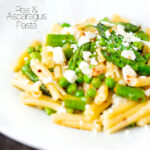 Pea and asparagus pasta with casarecce, feta cheese and chilli flakes featuring a title overlay.