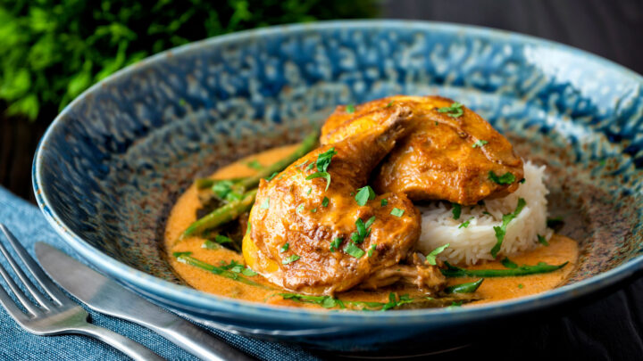 Indian inspired pheasant curry with coconut milk, tamarind, green beans and rice.