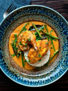 Overhead pheasant curry with coconut milk, green beans and rice.