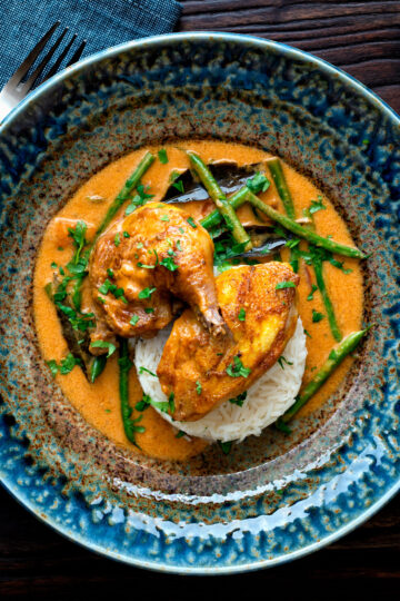 Overhead pheasant curry with coconut milk, green beans and rice.