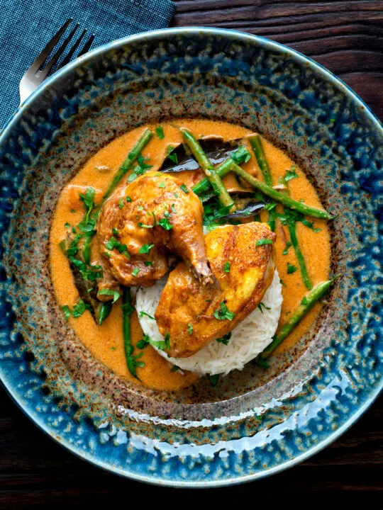 Overhead pheasant curry with coconut milk, green beans and rice.