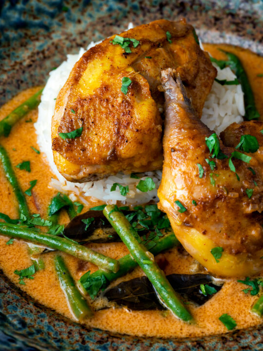 Close up pheasant curry with coconut milk, green beans and rice.