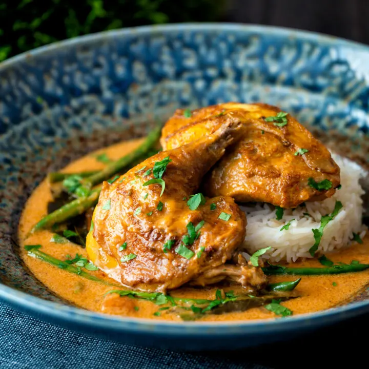 Indian inspired pheasant curry with coconut milk, tamarind, green beans and rice.