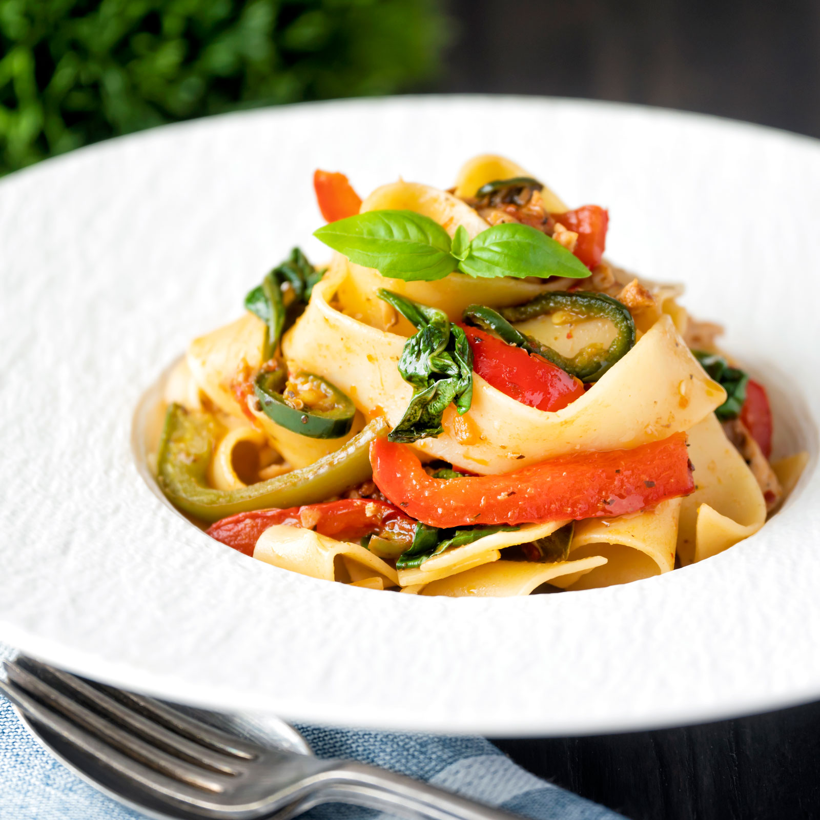 Spicy chicken pasta with pappardelle and roasted peppers and wilted basil.