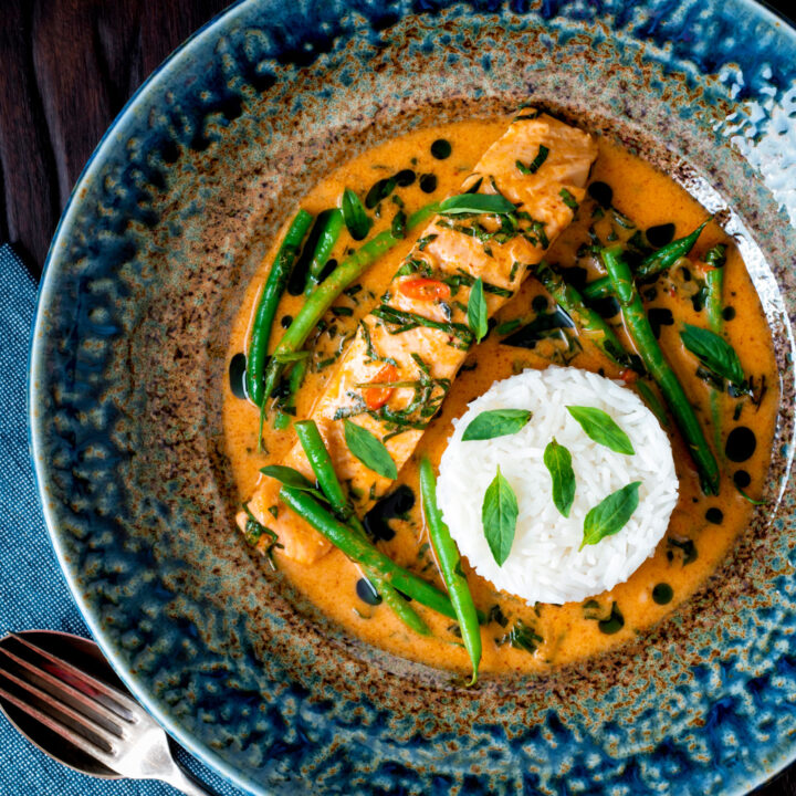 Red Thai salmon curry with green beans, Thai basil and jasmine rice.