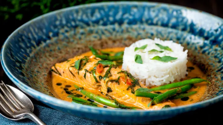 Red Thai salmon curry with green beans, Thai basil and jasmine rice.