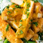 Close up tofu katsu curry with a homemade sauce, rice and soy roasted tenderstem broccoli.