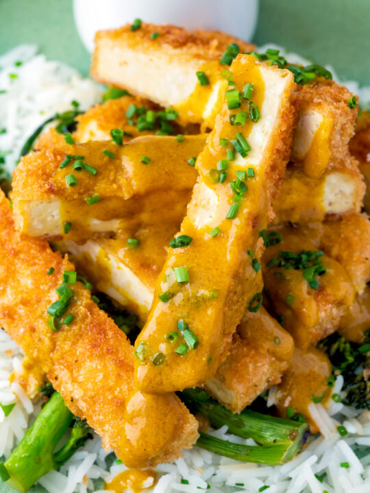 Close up tofu katsu curry with a homemade sauce, rice and soy roasted tenderstem broccoli.