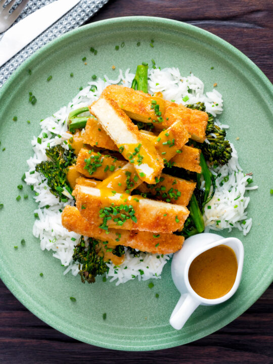 Overhead tofu katsu curry with a homemade sauce, rice and soy roasted tenderstem broccoli.