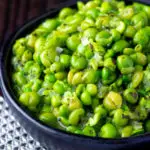 Close up quick and easy crushed or smashed minted peas.