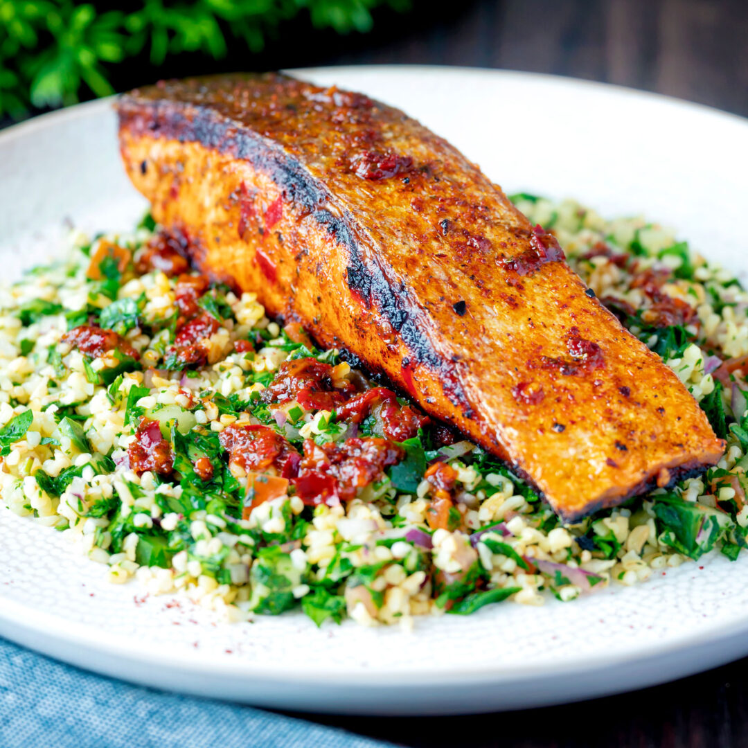Harissa Salmon Fillets with Orange and Sumac Krumpli