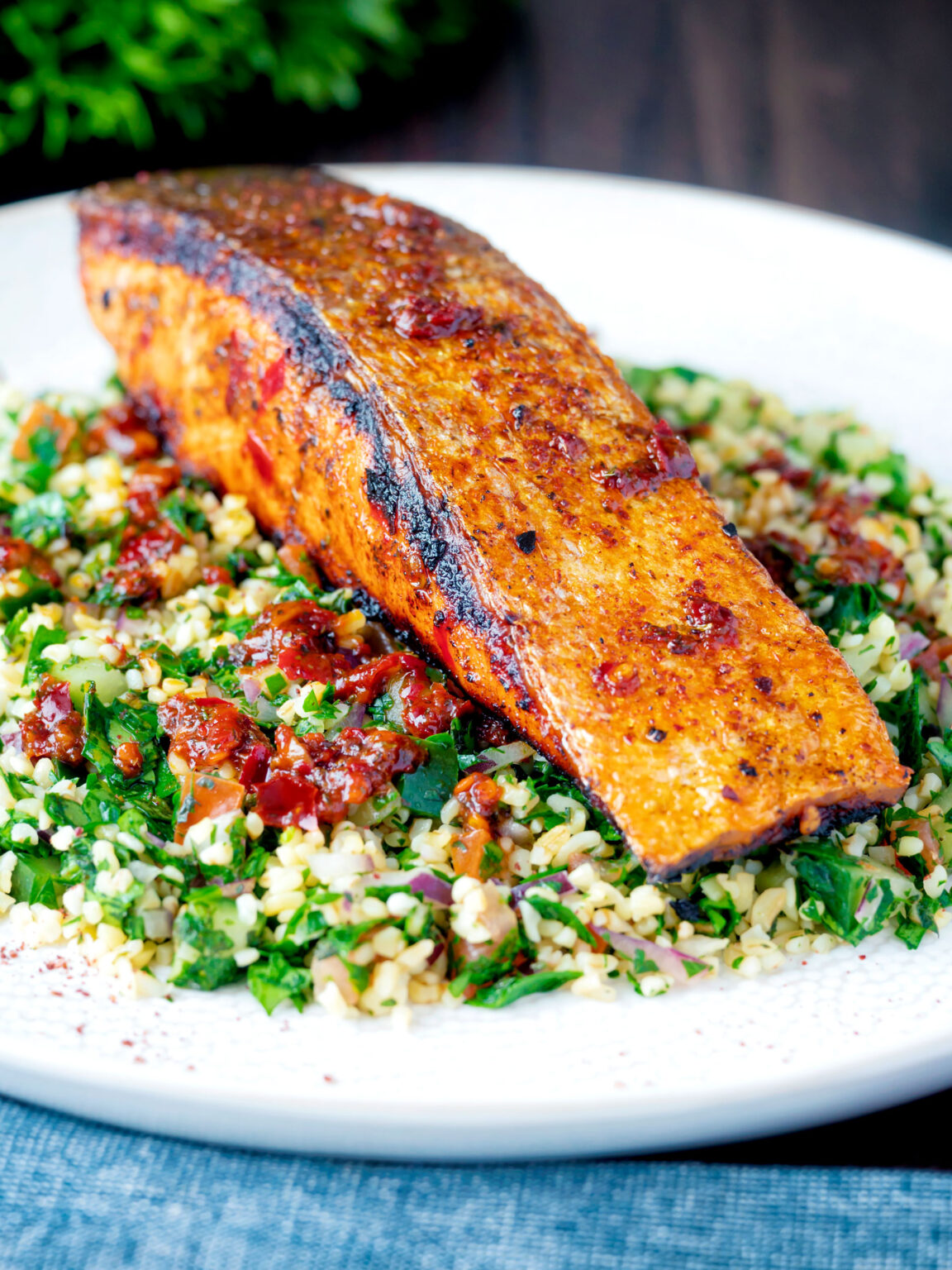 Harissa Salmon Fillets with Orange and Sumac Krumpli