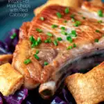 Instant Pot pork chops with red cabbage with crispy crackling featuring a title overlay.