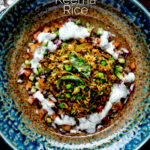 Overhead keema rice served with kachumber salad and mint raita featuring a title overlay.