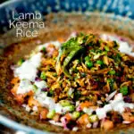 Keema rice served with kachumber salad and mint raita featuring a title overlay.