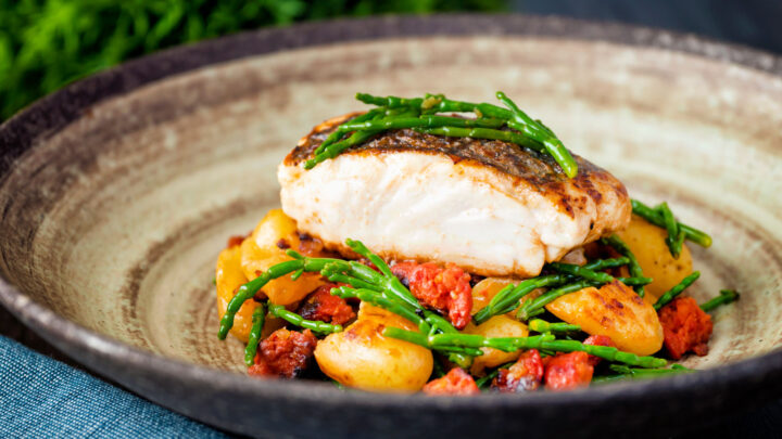 Crispy skinned pan fried hake with chorizo, new potatoes and samphire.