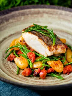 Pan fried hake with chorizo, new potatoes and samphire.