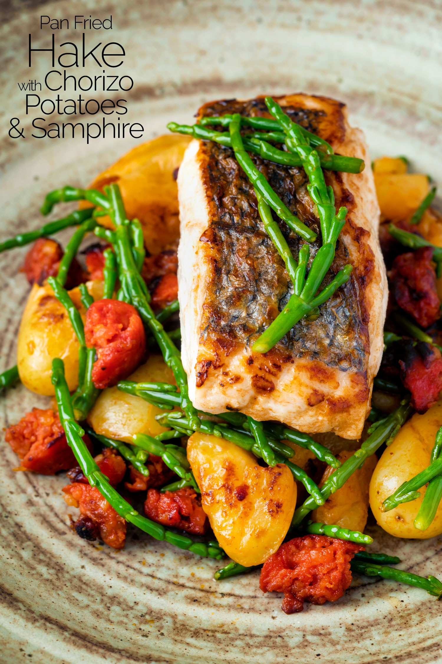 Pan Fried Hake with Chorizo, Potatoes and Samphire Krumpli