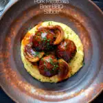 Overhead pork meatballs in a beer BBQ sauce served on cheesy polenta featuring a title overlay.