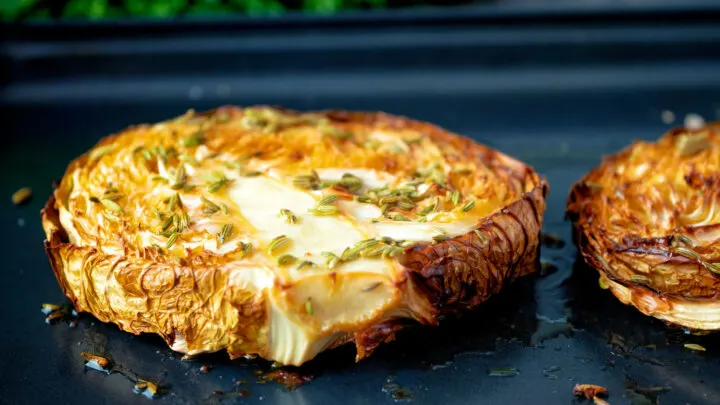 Slowly roasted savoy cabbage with fennel seeds.