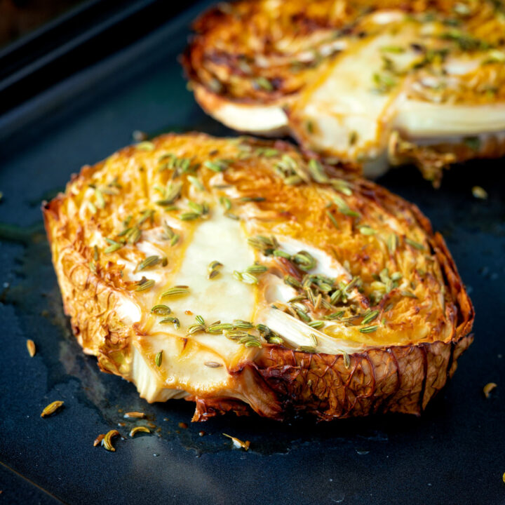 Slowly roasted savoy cabbage with fennel seeds.