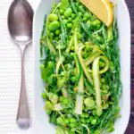 Overhead samphire salad with peas, broad beans and shaved asparagus.