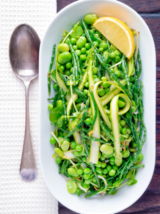 Overhead samphire salad with peas, broad beans and shaved asparagus.